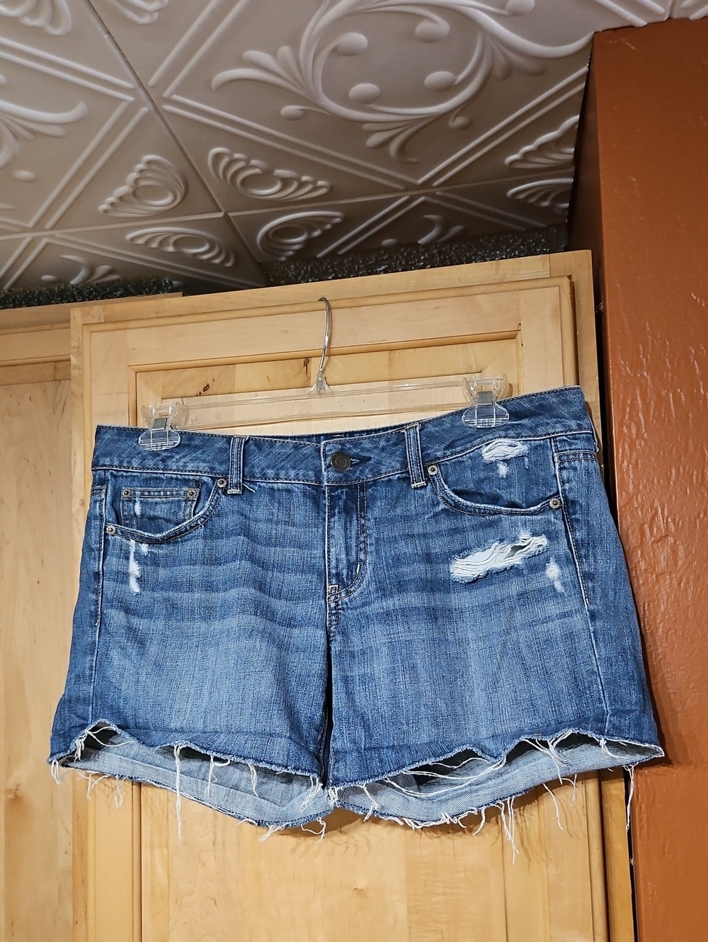 American Eagle Distressed Blue Cut Off Denim Jean Shorts Mid Rise